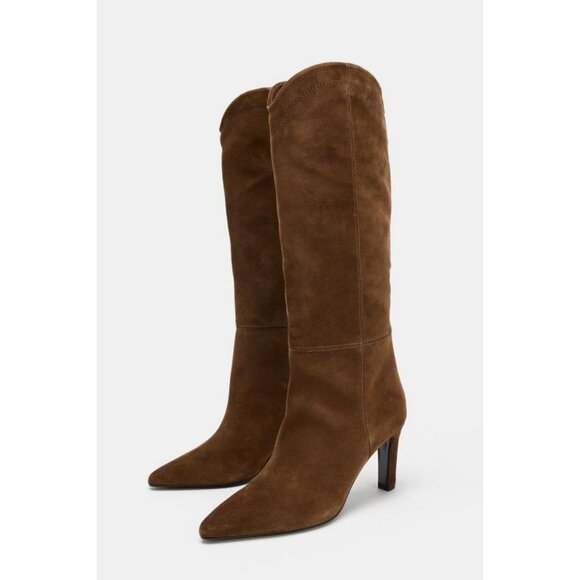 ZARA STITCHED SPLIT SUEDE HEELED BOOTS - Picture 1 of 8